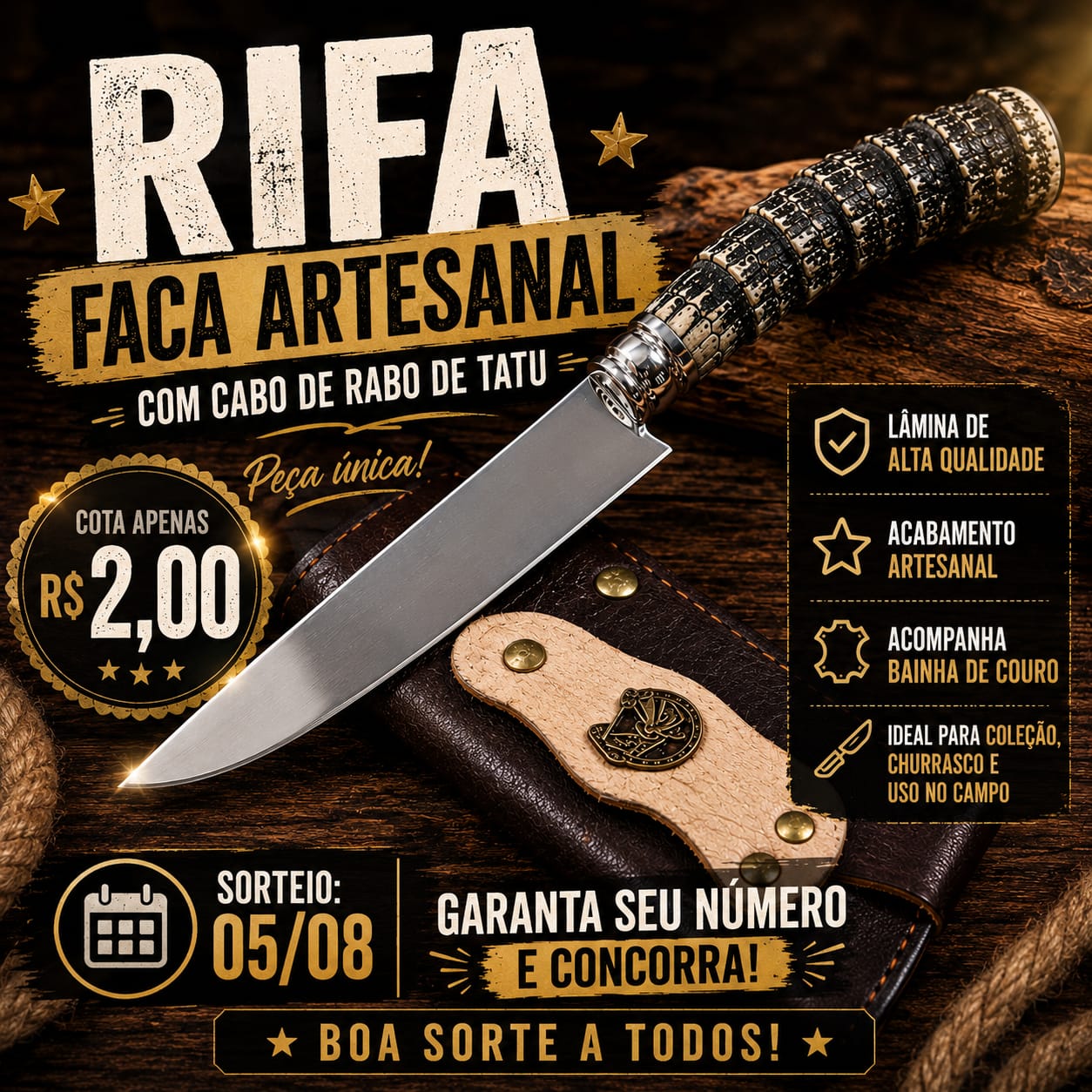 Faca artesanal com cabo de rabo de tatu